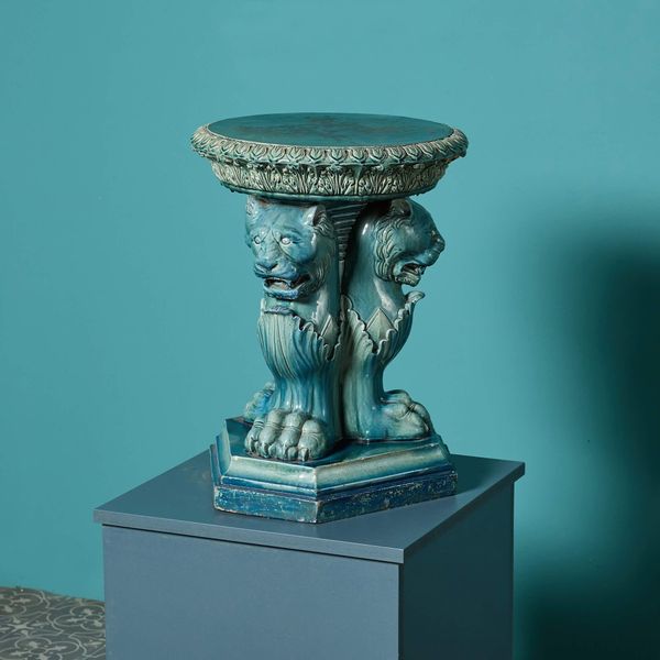 Antique Neoclassical Style Glazed Tonal Blue Triform Stand