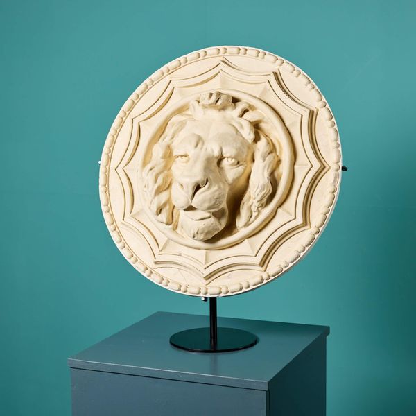 Plaster Lion Head Roundel on Stand