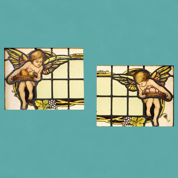 Pair of Stained Glass Panels of Putto