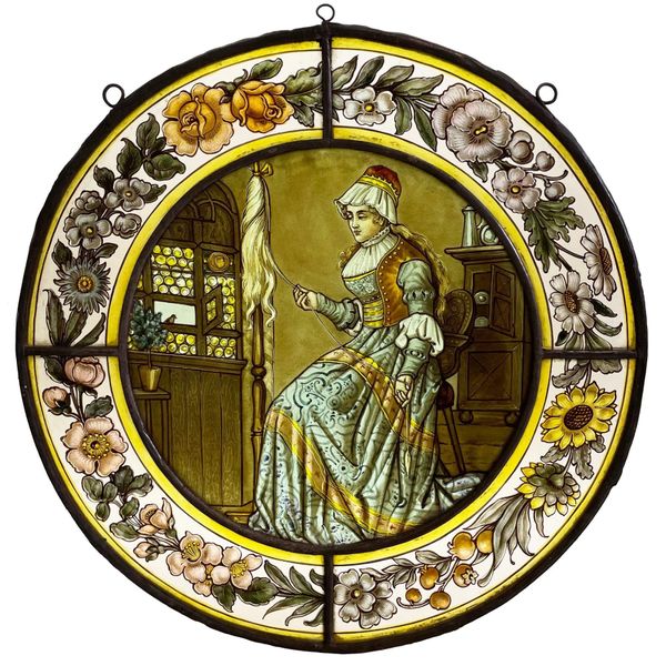 Antique Stained Glass Roundel of Victorian Woman