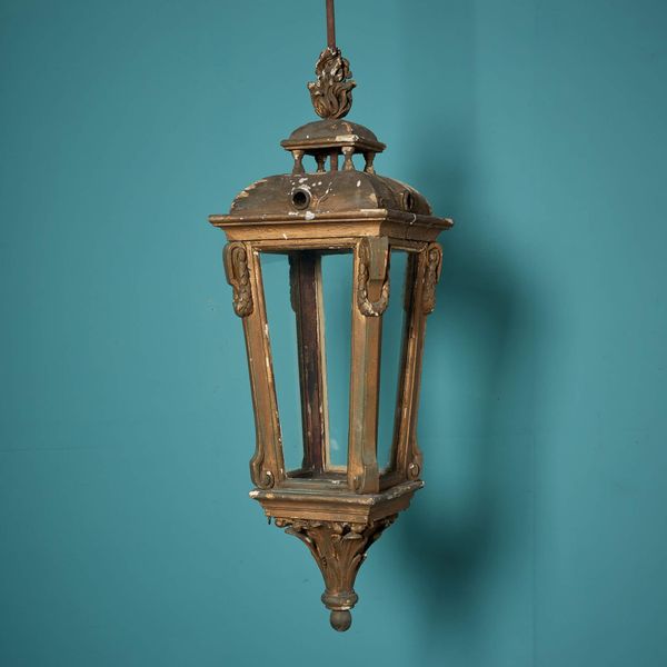 Large Antique Wood & Glass Hanging Lantern