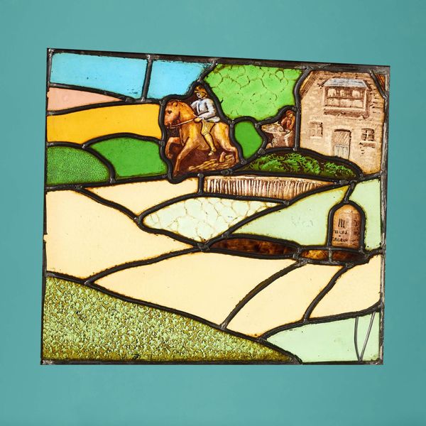 Antique Stained Glass Window Depicting English Countryside Scene