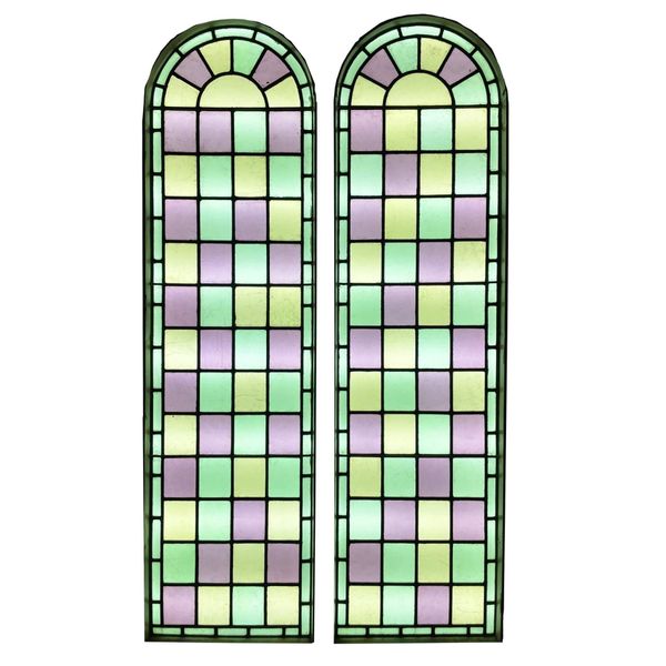 Reclaimed Stained Glass Arched Double Windows with Frame