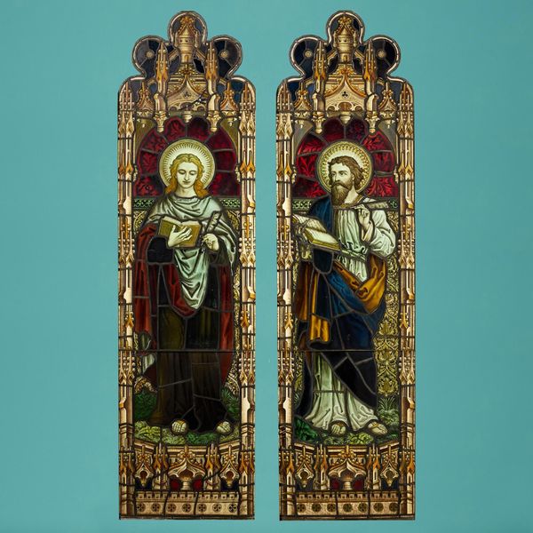 Pair of Atkinson Bros Religious Stained Glass Windows c.1925