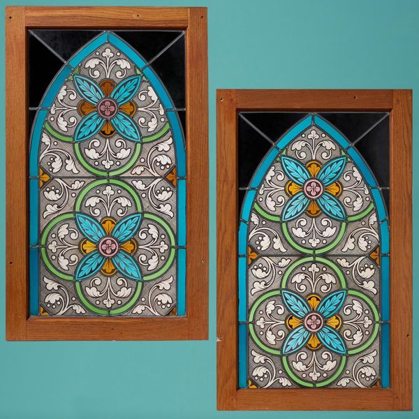 Pair of Gothic Style Arched Stained Glass in Wooden Frames