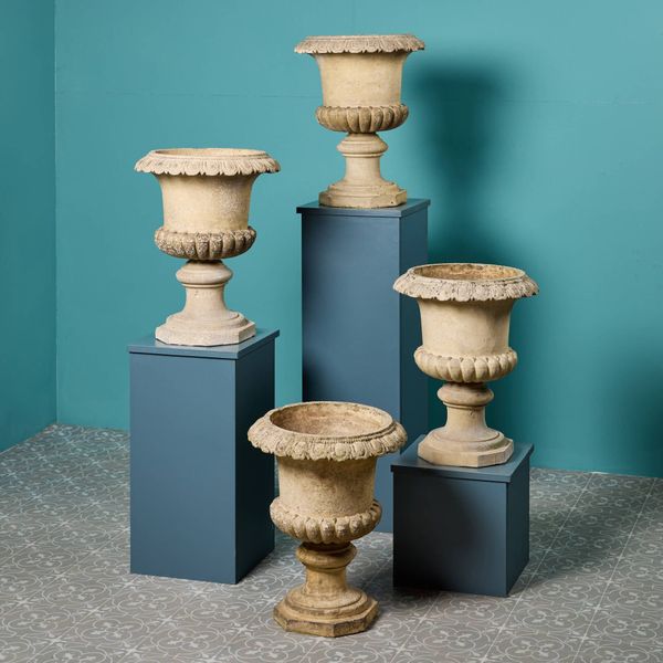 Set of 4 Buff Terracotta Antique Campana Garden Urns