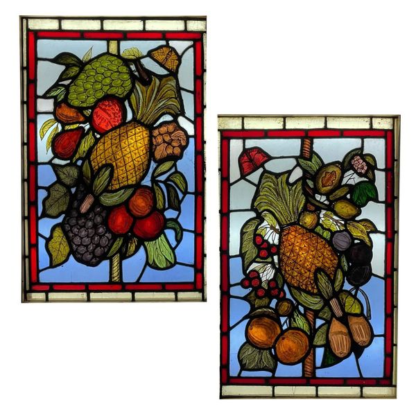 Pair of Antique English Stained Glass Windows Depicting Fruit