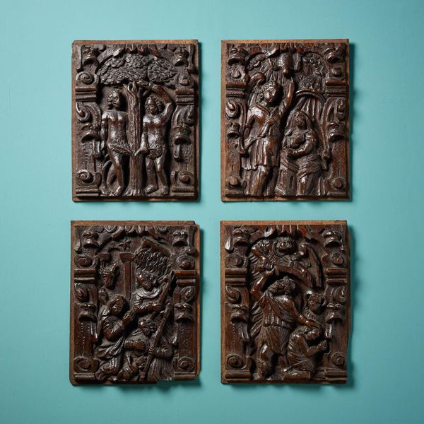 Set of Four 17th Century Carved Oak Panels of Religious Scenes