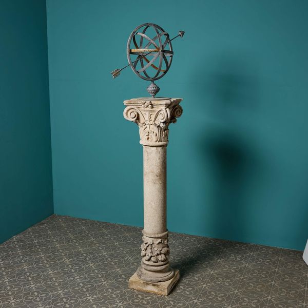 Reclaimed Armillary Sundial on Limestone Pedestal