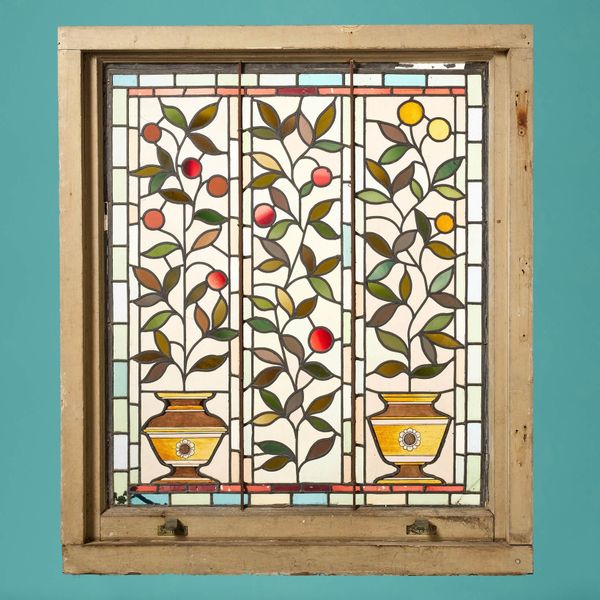 Antique Victorian Stained Glass Window with Fruiting Foliage