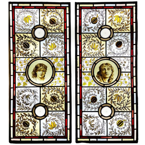 Large Pair of Arts & Crafts Style Stained Glass Panels