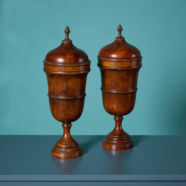 Pair of Georgian Style lidded Mahogany Urns