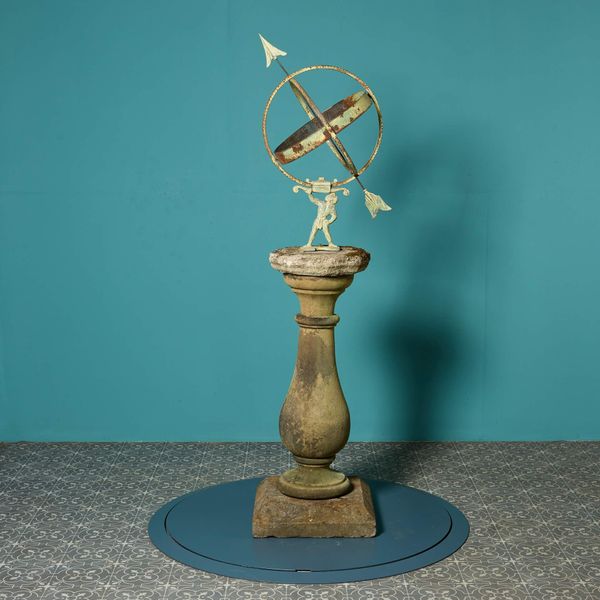 Reclaimed Atlas Armillary Sundial on Weathered Stone Pedestal