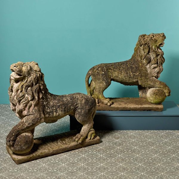 Pair of Large Weathered Stone Lion Statues