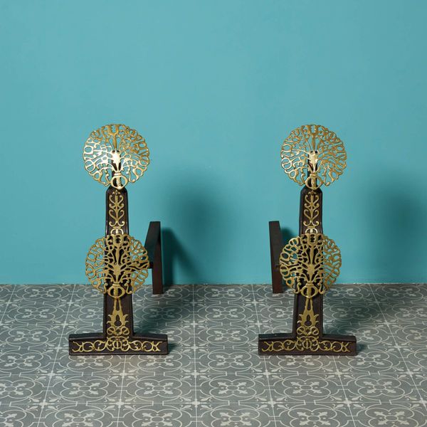 Pair of Brass & Cast Iron Fire Dogs in the Style of Ernest Gimson