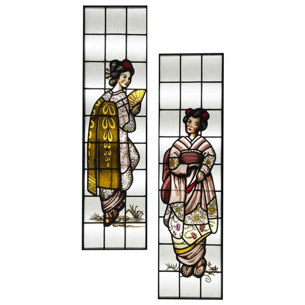 Set of 2 Hand Painted Japanese Style Stained Glass Windows