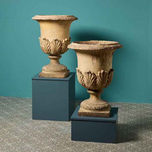 Pair of Antique Buff Terracotta Garden Urns