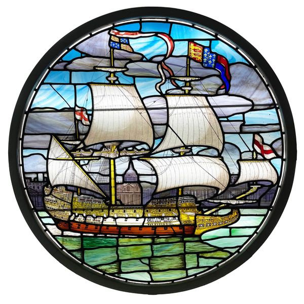 Antique English Stained Glass Window Depicting a Ship