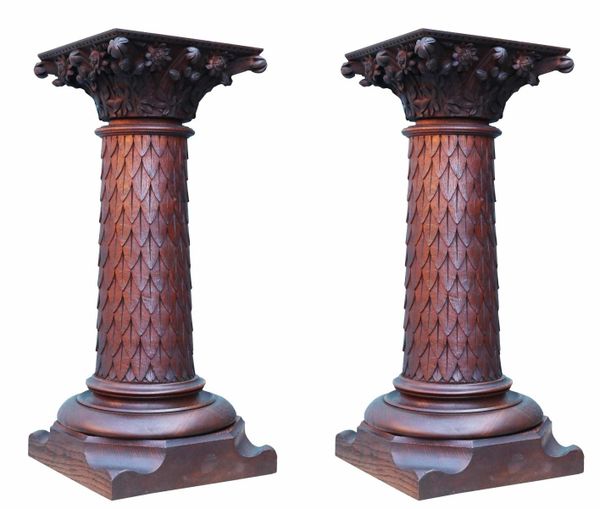 Two Antique Carved Oak Column Pedestals